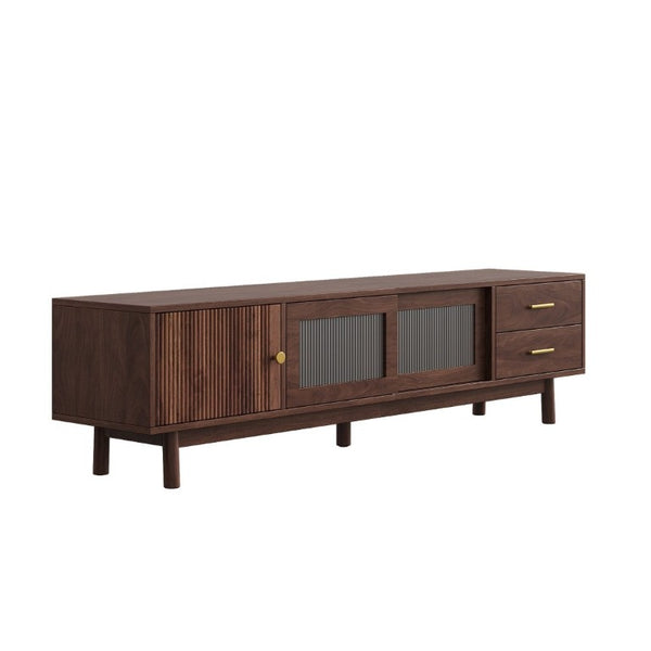 English Elm 70 Inch Mid Century Media Console with Wave Glass Doors Pine Legs and Two Drawers N710P461254P