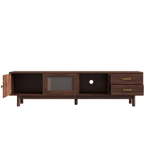 English Elm 70 Inch Mid Century Media Console with Wave Glass Doors Pine Legs and Two Drawers N710P461254P