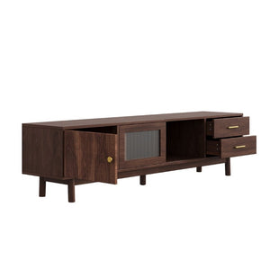 English Elm 70 Inch Mid Century Media Console with Wave Glass Doors Pine Legs and Two Drawers N710P461254P