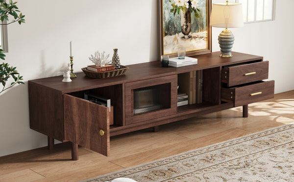 English Elm 70 Inch Mid Century Media Console with Wave Glass Doors Pine Legs and Two Drawers N710P461254P