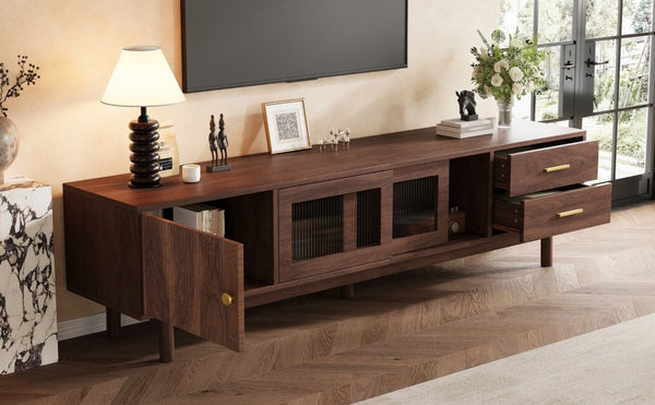 English Elm 70 Inch Mid Century Media Console with Wave Glass Doors Pine Legs and Two Drawers N710P461254P