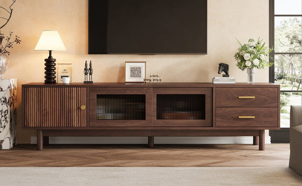 English Elm 70 Inch Mid Century Media Console with Wave Glass Doors Pine Legs and Two Drawers N710P461254P