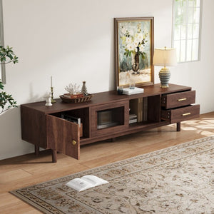 English Elm 70 Inch Mid Century Media Console with Wave Glass Doors Pine Legs and Two Drawers N710P461254P
