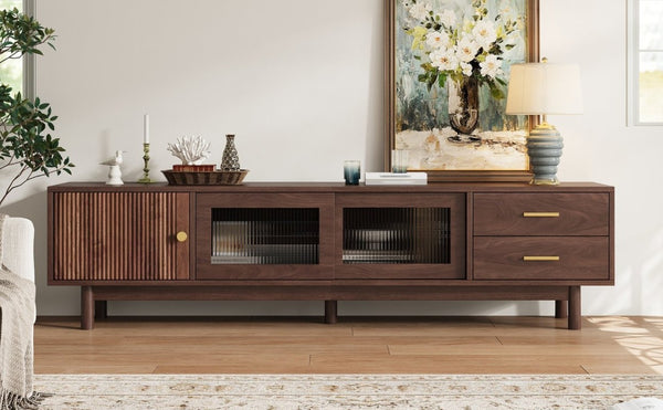 English Elm 70 Inch Mid Century Media Console with Wave Glass Doors Pine Legs and Two Drawers N710P461254P