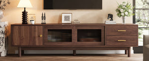 English Elm 70 Inch Mid Century Media Console with Wave Glass Doors Pine Legs and Two Drawers N710P461254P