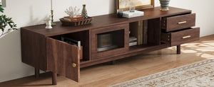 English Elm 70 Inch Mid Century Media Console with Wave Glass Doors Pine Legs and Two Drawers N710P461254P