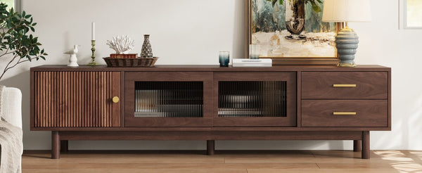 English Elm 70 Inch Mid Century Media Console with Wave Glass Doors Pine Legs and Two Drawers N710P461254P