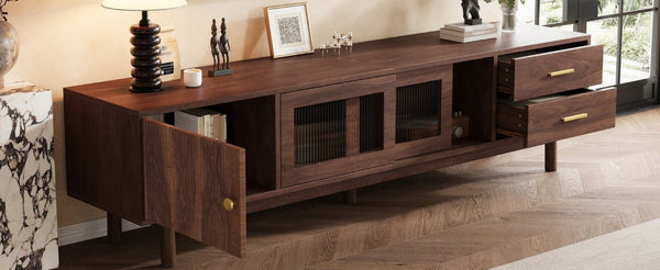 English Elm 70 Inch Mid Century Media Console with Wave Glass Doors Pine Legs and Two Drawers N710P461254P