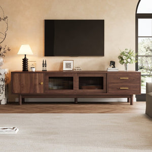 English Elm 70 Inch Mid Century Media Console with Wave Glass Doors Pine Legs and Two Drawers N710P461254P
