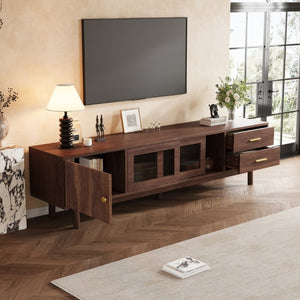English Elm 70 Inch Mid Century Media Console with Wave Glass Doors Pine Legs and Two Drawers N710P461254P