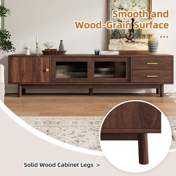 English Elm 70 Inch Mid Century Media Console with Wave Glass Doors Pine Legs and Two Drawers N710P461254P