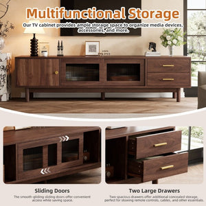 English Elm 70 Inch Mid Century Media Console with Wave Glass Doors Pine Legs and Two Drawers N710P461254P