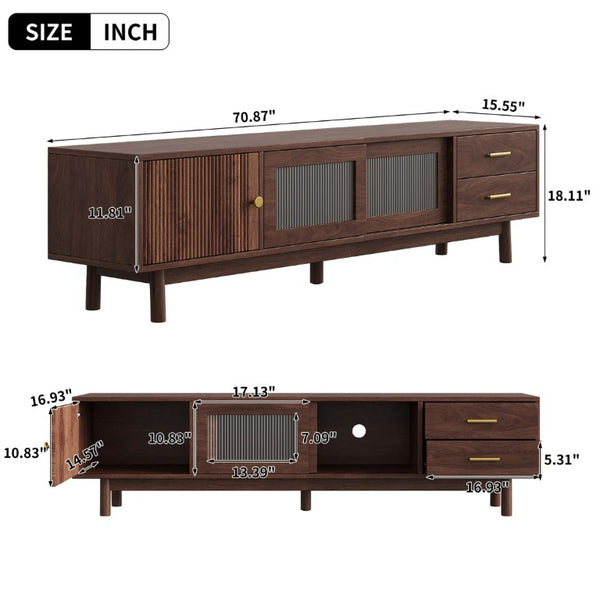 English Elm 70 Inch Mid Century Media Console with Wave Glass Doors Pine Legs and Two Drawers N710P461254P