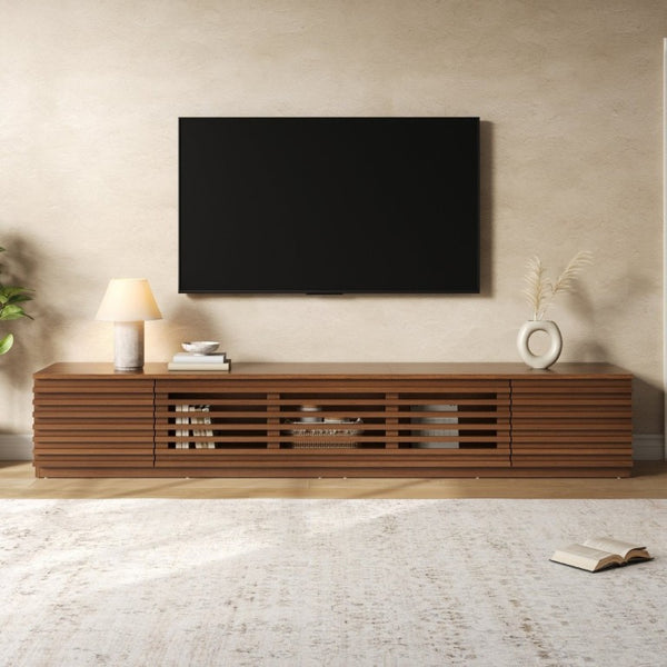 English Elm 86-Inch Walnut MDF Media Console with Slatted Flip Doors Soft Close Hinges Living Room N710P468994P