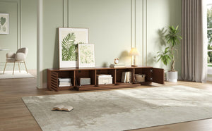 English Elm 86-Inch Walnut MDF Media Console with Slatted Flip Doors Soft Close Hinges Living Room N710P468994P