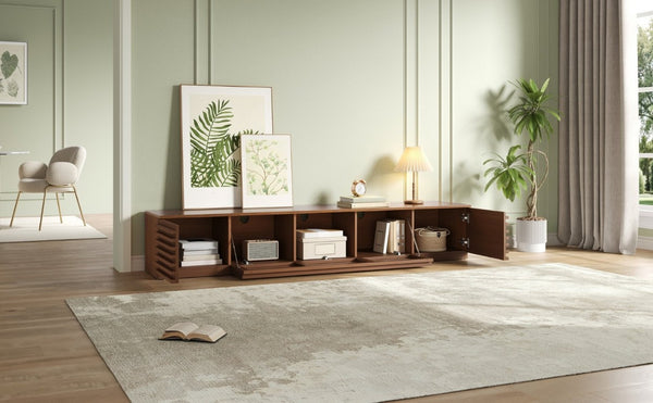 English Elm 86-Inch Walnut MDF Media Console with Slatted Flip Doors Soft Close Hinges Living Room N710P468994P