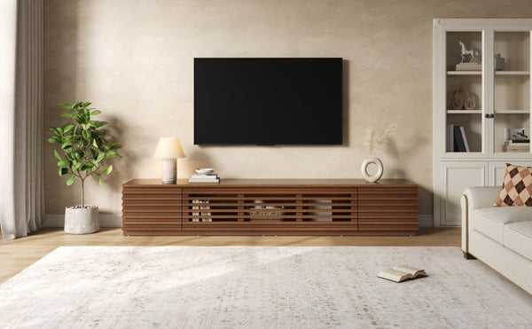 English Elm 86-Inch Walnut MDF Media Console with Slatted Flip Doors Soft Close Hinges Living Room N710P468994P
