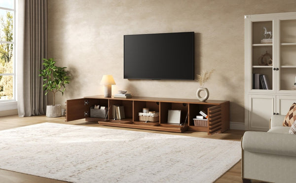 English Elm 86-Inch Walnut MDF Media Console with Slatted Flip Doors Soft Close Hinges Living Room N710P468994P
