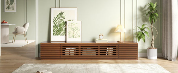 English Elm 86-Inch Walnut MDF Media Console with Slatted Flip Doors Soft Close Hinges Living Room N710P468994P