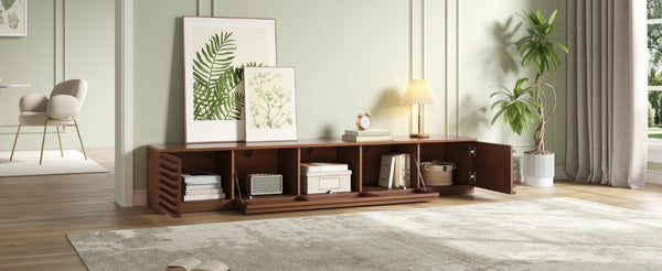 English Elm 86-Inch Walnut MDF Media Console with Slatted Flip Doors Soft Close Hinges Living Room N710P468994P