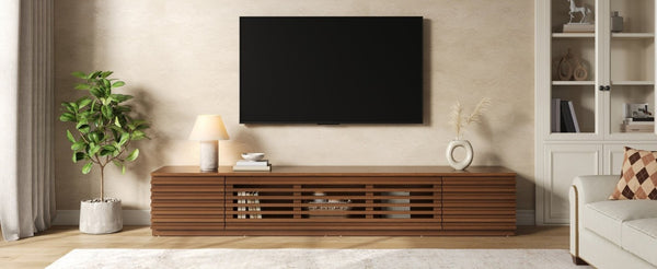 English Elm 86-Inch Walnut MDF Media Console with Slatted Flip Doors Soft Close Hinges Living Room N710P468994P