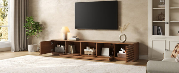 English Elm 86-Inch Walnut MDF Media Console with Slatted Flip Doors Soft Close Hinges Living Room N710P468994P