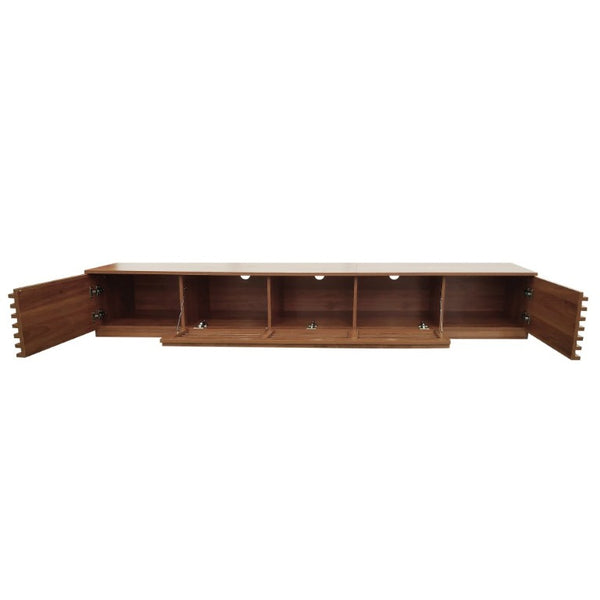 English Elm 86-Inch Walnut MDF Media Console with Slatted Flip Doors Soft Close Hinges Living Room N710P468994P