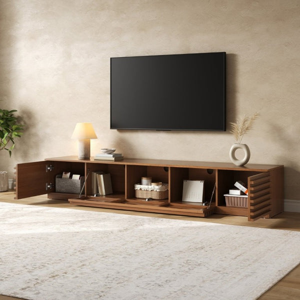 English Elm 86-Inch Walnut MDF Media Console with Slatted Flip Doors Soft Close Hinges Living Room N710P468994P