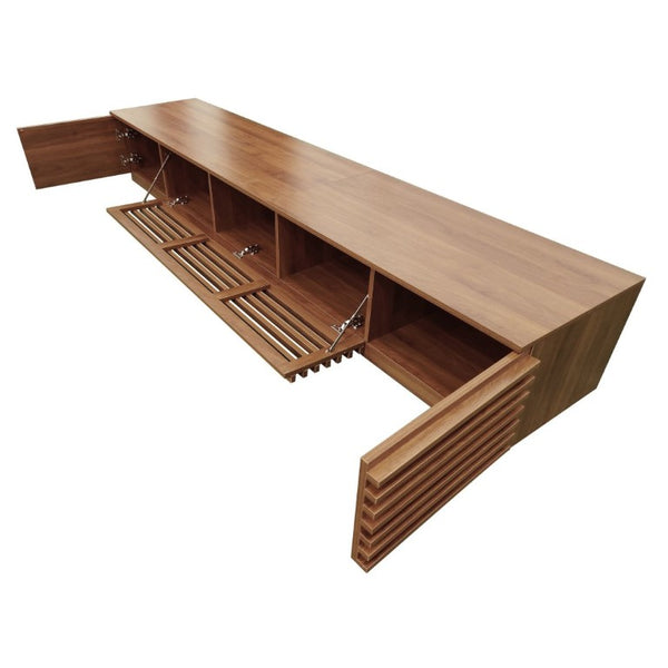 English Elm 86-Inch Walnut MDF Media Console with Slatted Flip Doors Soft Close Hinges Living Room N710P468994P