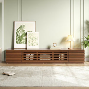 English Elm 86-Inch Walnut MDF Media Console with Slatted Flip Doors Soft Close Hinges Living Room N710P468994P