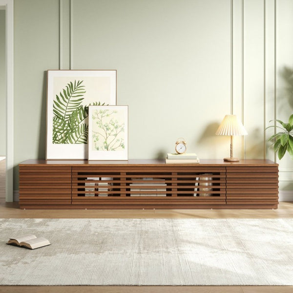 English Elm 86-Inch Walnut MDF Media Console with Slatted Flip Doors Soft Close Hinges Living Room N710P468994P