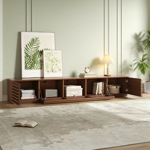 English Elm 86-Inch Walnut MDF Media Console with Slatted Flip Doors Soft Close Hinges Living Room N710P468994P