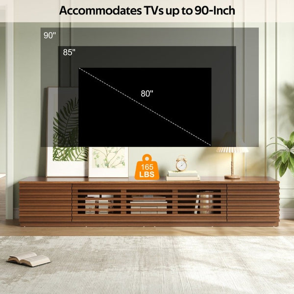 English Elm 86-Inch Walnut MDF Media Console with Slatted Flip Doors Soft Close Hinges Living Room N710P468994P
