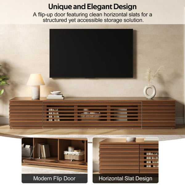 English Elm 86-Inch Walnut MDF Media Console with Slatted Flip Doors Soft Close Hinges Living Room N710P468994P