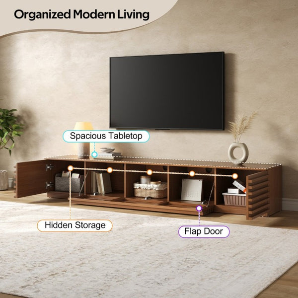 English Elm 86-Inch Walnut MDF Media Console with Slatted Flip Doors Soft Close Hinges Living Room N710P468994P
