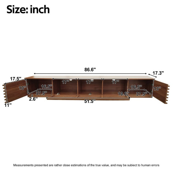 English Elm 86-Inch Walnut MDF Media Console with Slatted Flip Doors Soft Close Hinges Living Room N710P468994P