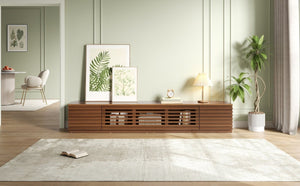 English Elm 86-Inch Walnut MDF Media Console with Slatted Flip Doors Soft Close Hinges Living Room N710P468994P