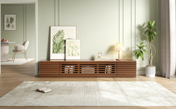 English Elm 86-Inch Walnut MDF Media Console with Slatted Flip Doors Soft Close Hinges Living Room N710P468994P