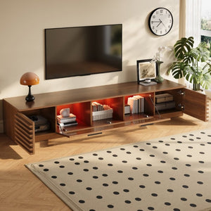 English Elm 70-Inch Walnut Finish Entertainment Center with RGB Lighting and Slatted Cabinet Doors N710P468995P