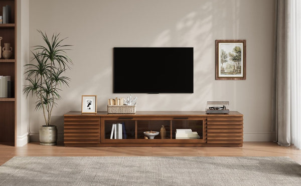 English Elm 70-Inch Walnut Finish Entertainment Center with RGB Lighting and Slatted Cabinet Doors N710P468995P
