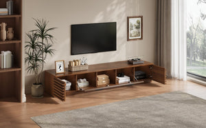 English Elm 70-Inch Walnut Finish Entertainment Center with RGB Lighting and Slatted Cabinet Doors N710P468995P