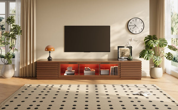 English Elm 70-Inch Walnut Finish Entertainment Center with RGB Lighting and Slatted Cabinet Doors N710P468995P