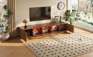 English Elm 70-Inch Walnut Finish Entertainment Center with RGB Lighting and Slatted Cabinet Doors N710P468995P