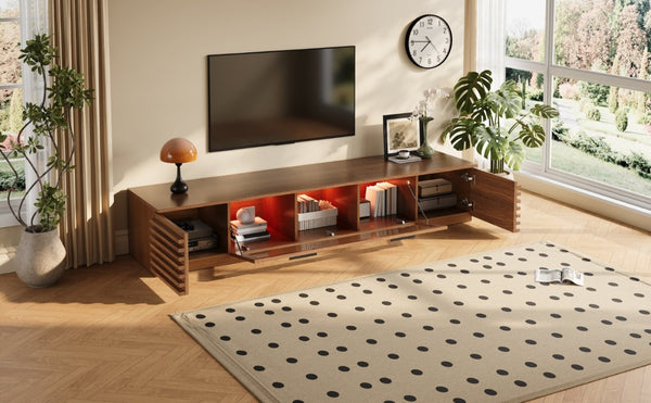 English Elm 70-Inch Walnut Finish Entertainment Center with RGB Lighting and Slatted Cabinet Doors N710P468995P
