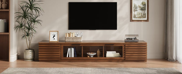 English Elm 70-Inch Walnut Finish Entertainment Center with RGB Lighting and Slatted Cabinet Doors N710P468995P