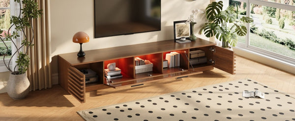 English Elm 70-Inch Walnut Finish Entertainment Center with RGB Lighting and Slatted Cabinet Doors N710P468995P