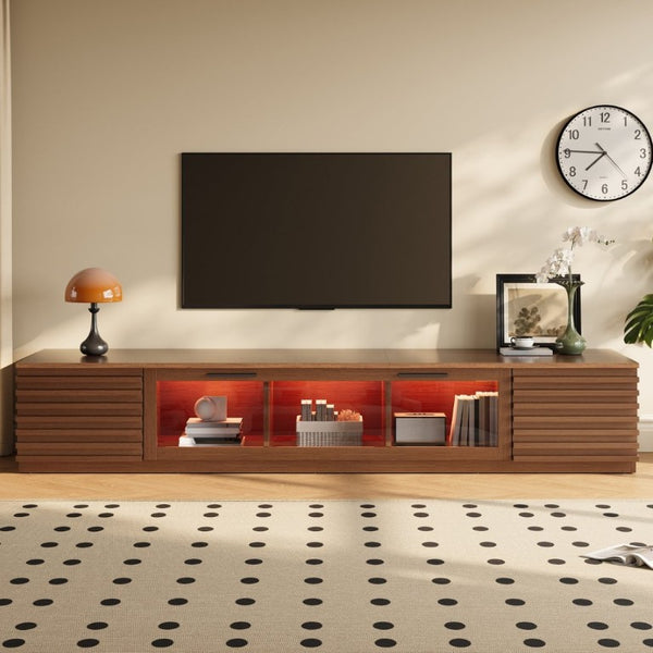 English Elm 70-Inch Walnut Finish Entertainment Center with RGB Lighting and Slatted Cabinet Doors N710P468995P