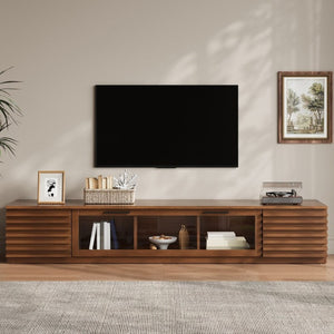English Elm 70-Inch Walnut Finish Entertainment Center with RGB Lighting and Slatted Cabinet Doors N710P468995P