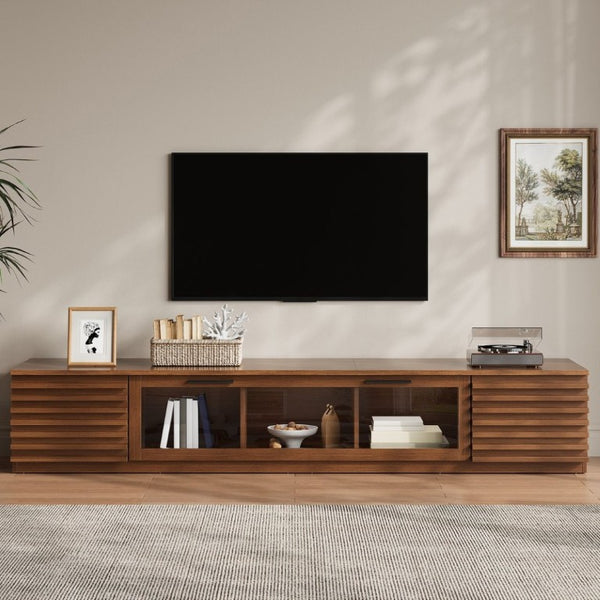English Elm 70-Inch Walnut Finish Entertainment Center with RGB Lighting and Slatted Cabinet Doors N710P468995P