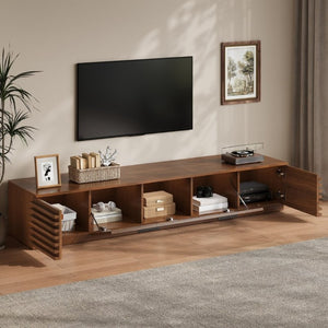 English Elm 70-Inch Walnut Finish Entertainment Center with RGB Lighting and Slatted Cabinet Doors N710P468995P